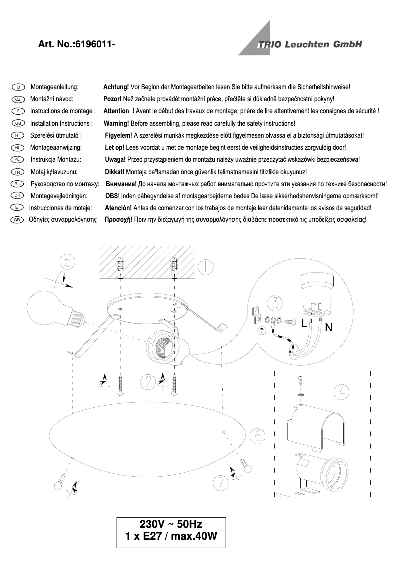 Page n°1 - Manuel utilisateur Trio Lighting Lana 6196011-07