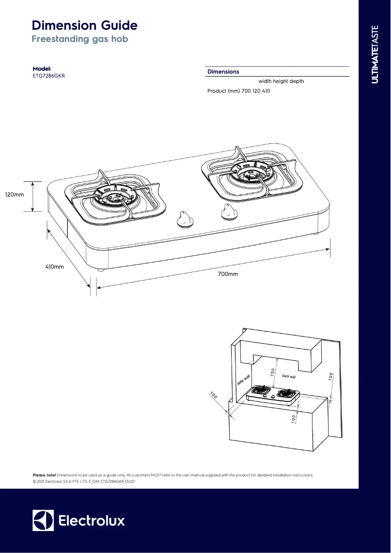 Page 1 de la notice Dessin technique Electrolux ETG7286GKR