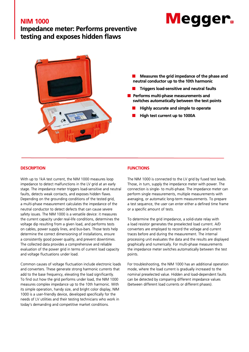 Page 1 de la notice Fiche technique Megger NIM1000