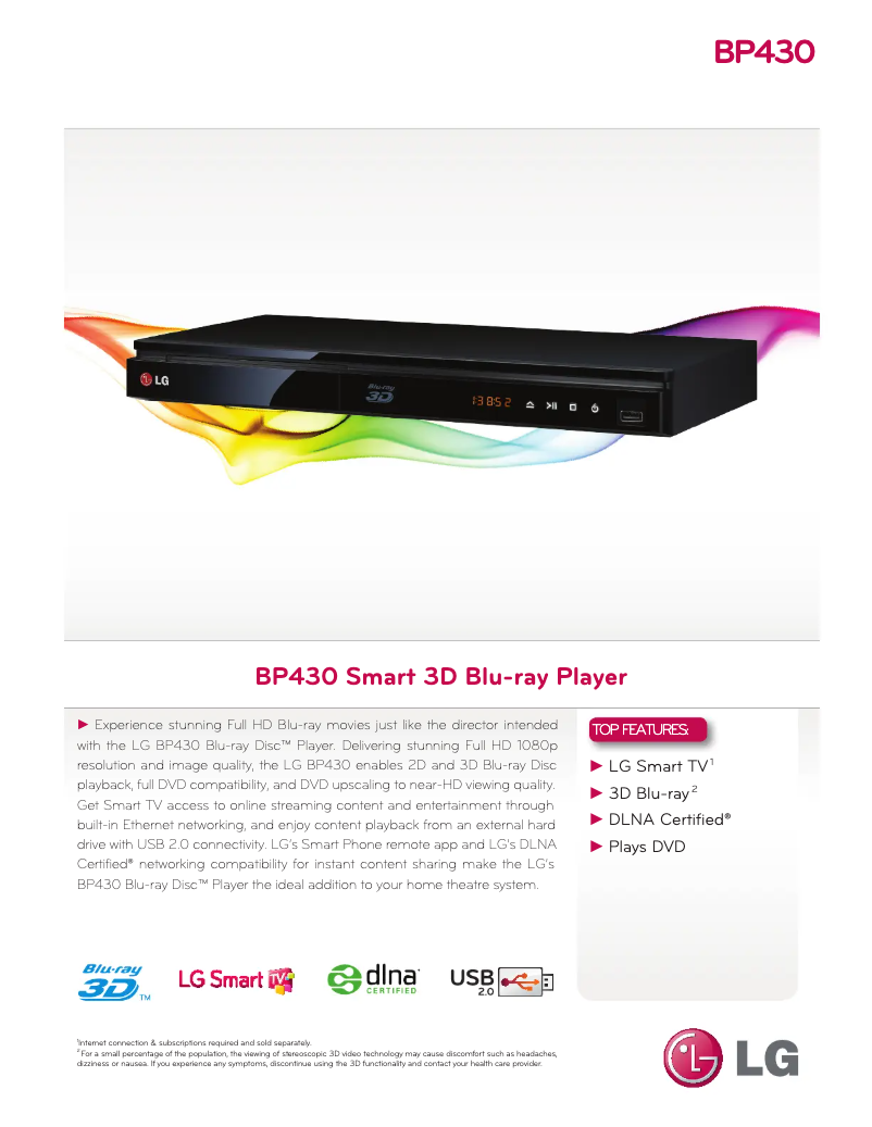 Página 1 del manual Ficha técnica LG BP430