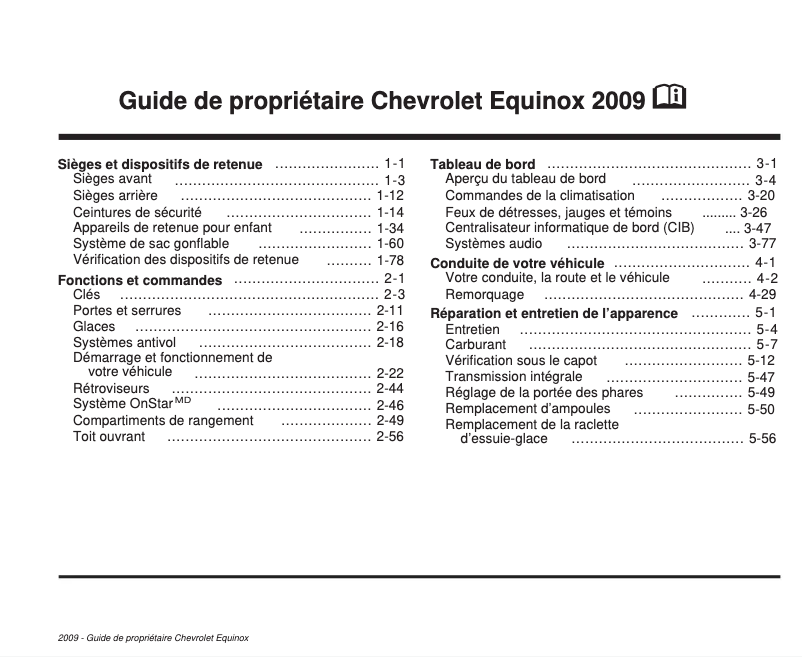 Page 1 de la notice Manuel utilisateur Chevrolet Equinox (2009)