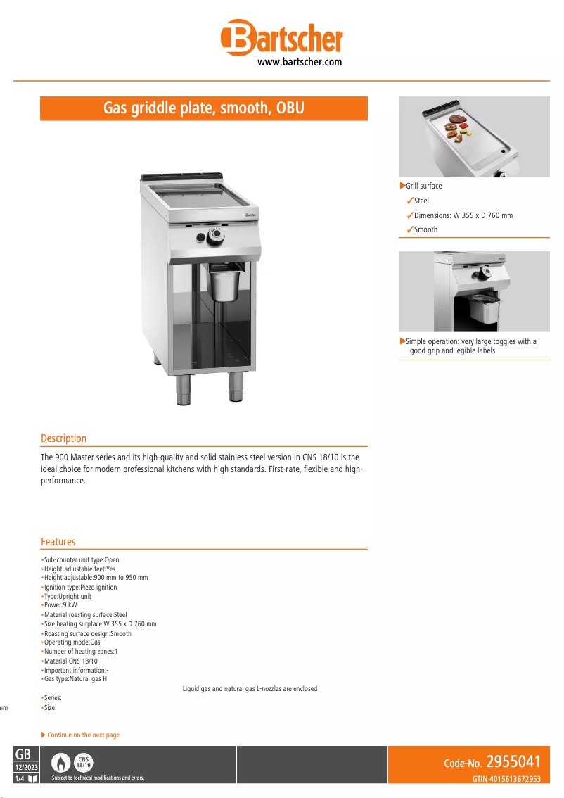 Página 1 del manual Ficha técnica Bartscher 2955041