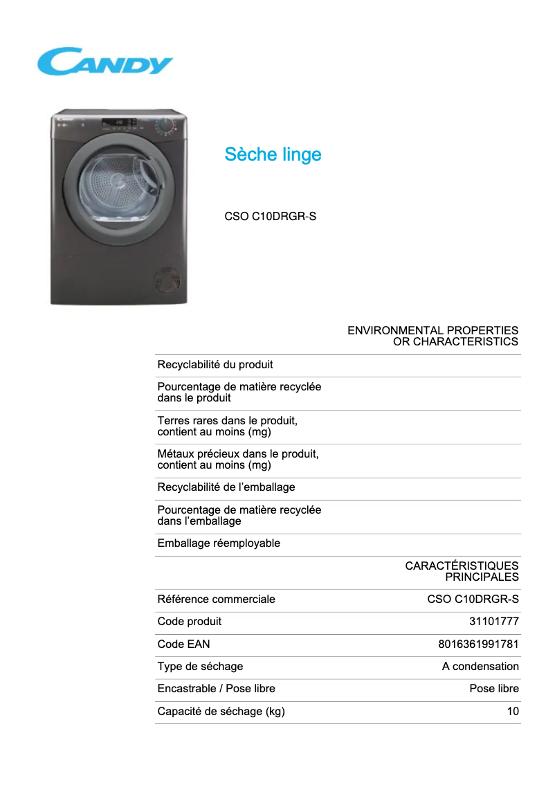 Page 1 de la notice Fiche technique Candy CSO C10DRGR-S
