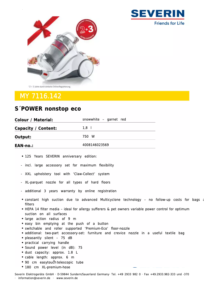 Page n°1 - Fiche technique Severin S'Power Nonstop ECO MY 7116