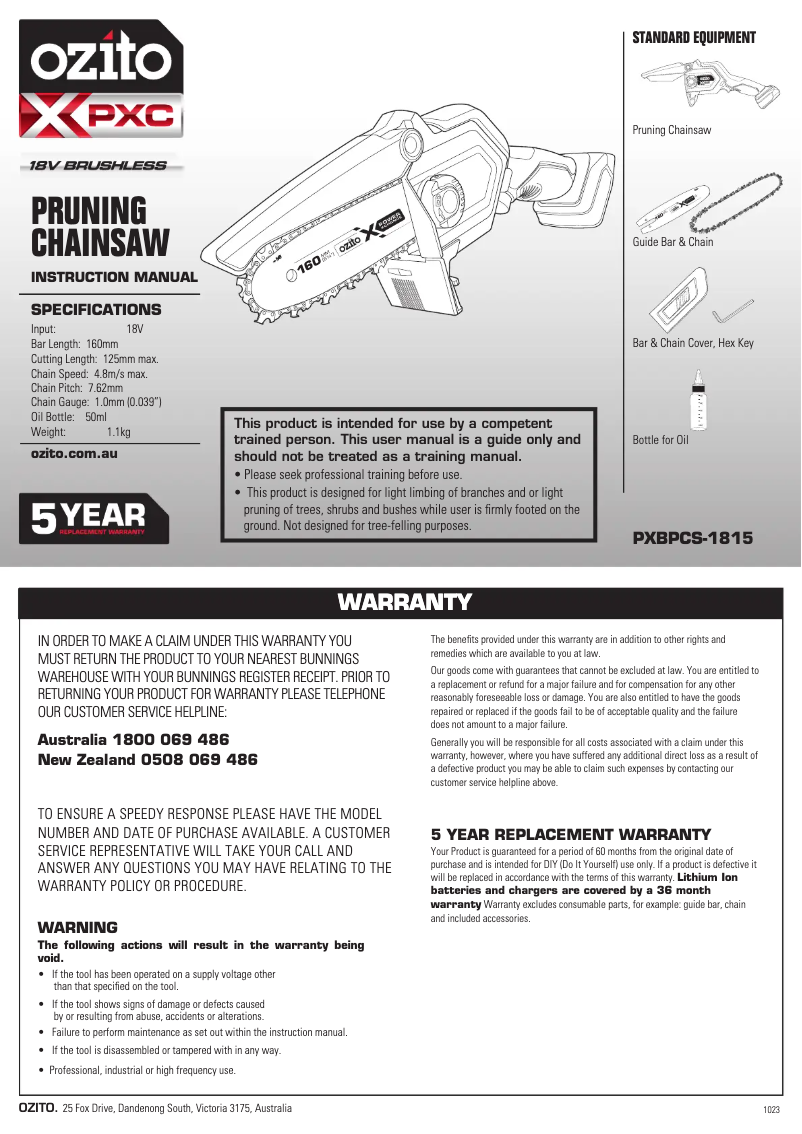 Página 1 del manual Manual de usuario Ozito PXBPCK-1825