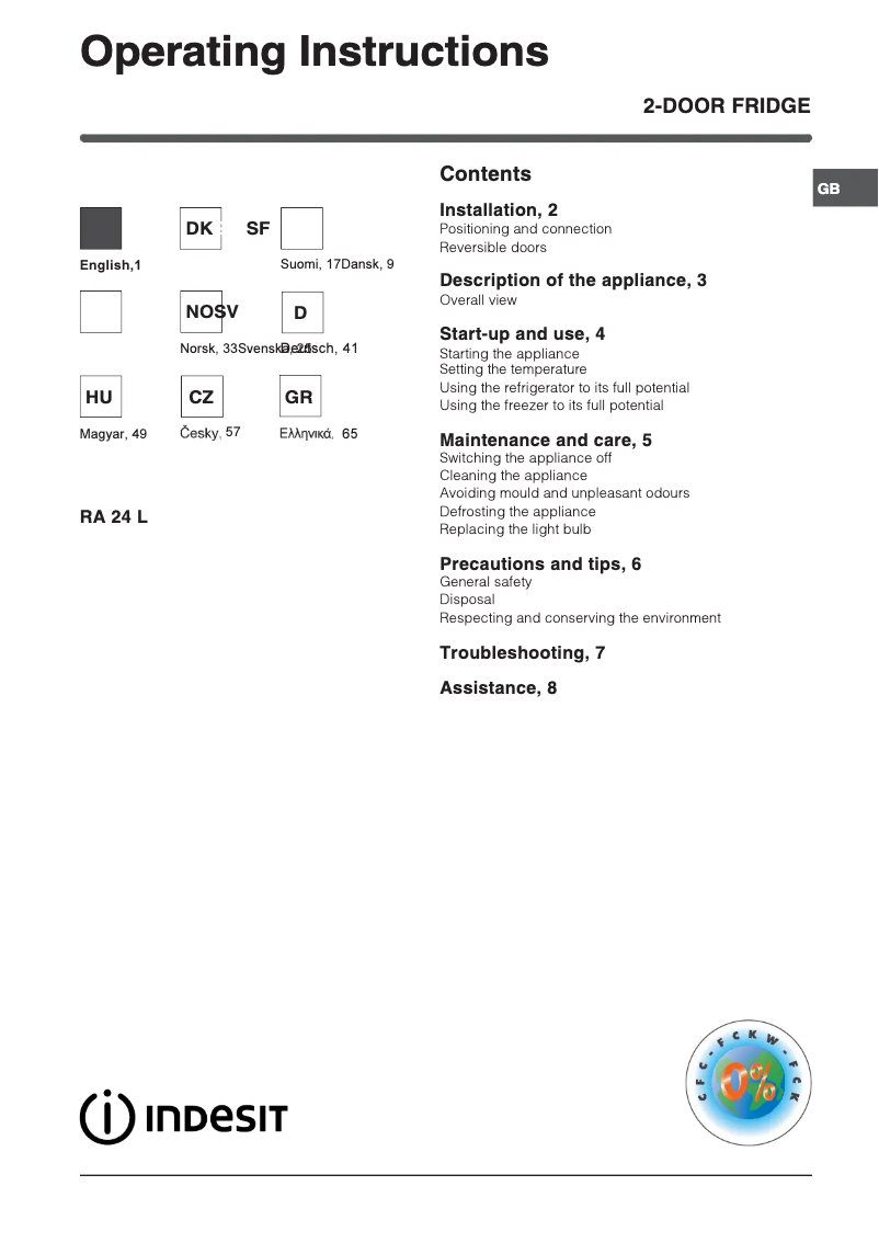 Page 1 de la notice Manuel utilisateur Indesit Doble puerta RA 24 L (EU)