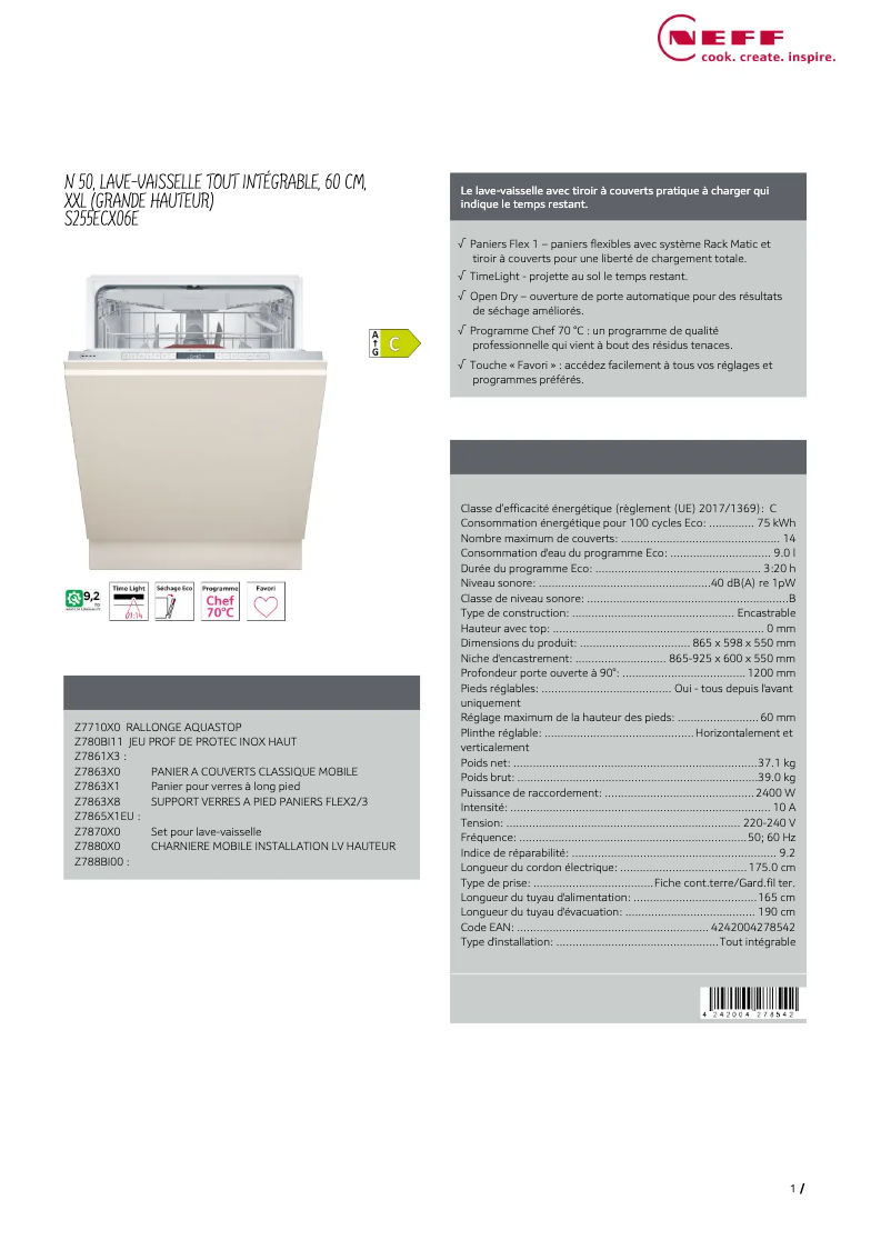 Page 1 de la notice Fiche technique Neff S255ECX06E