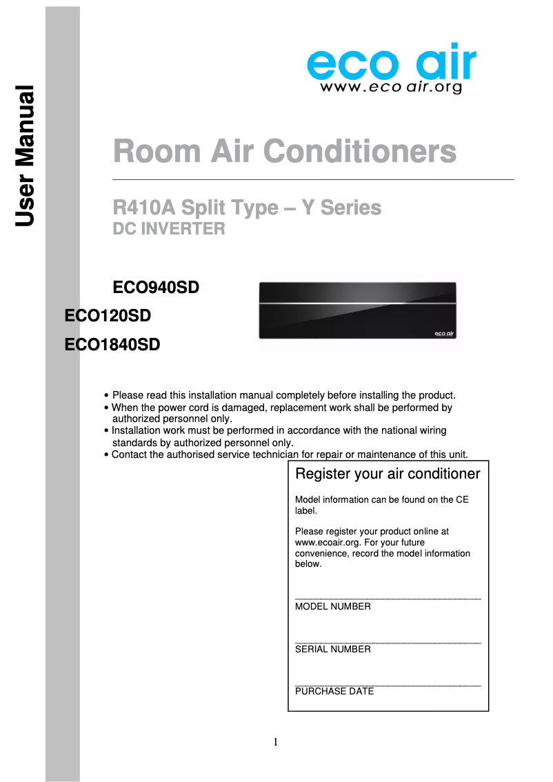 Page 1 of the manual User Manual EcoAir ECO1840SD