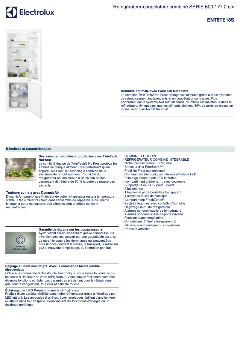 Page 1 de la notice Fiche technique Electrolux ENT6TE18S