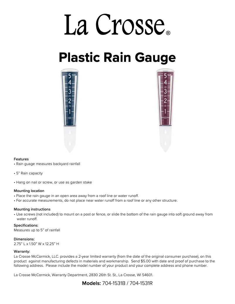 Page n°1 - Manuel utilisateur La Crosse Technology 704-1531B