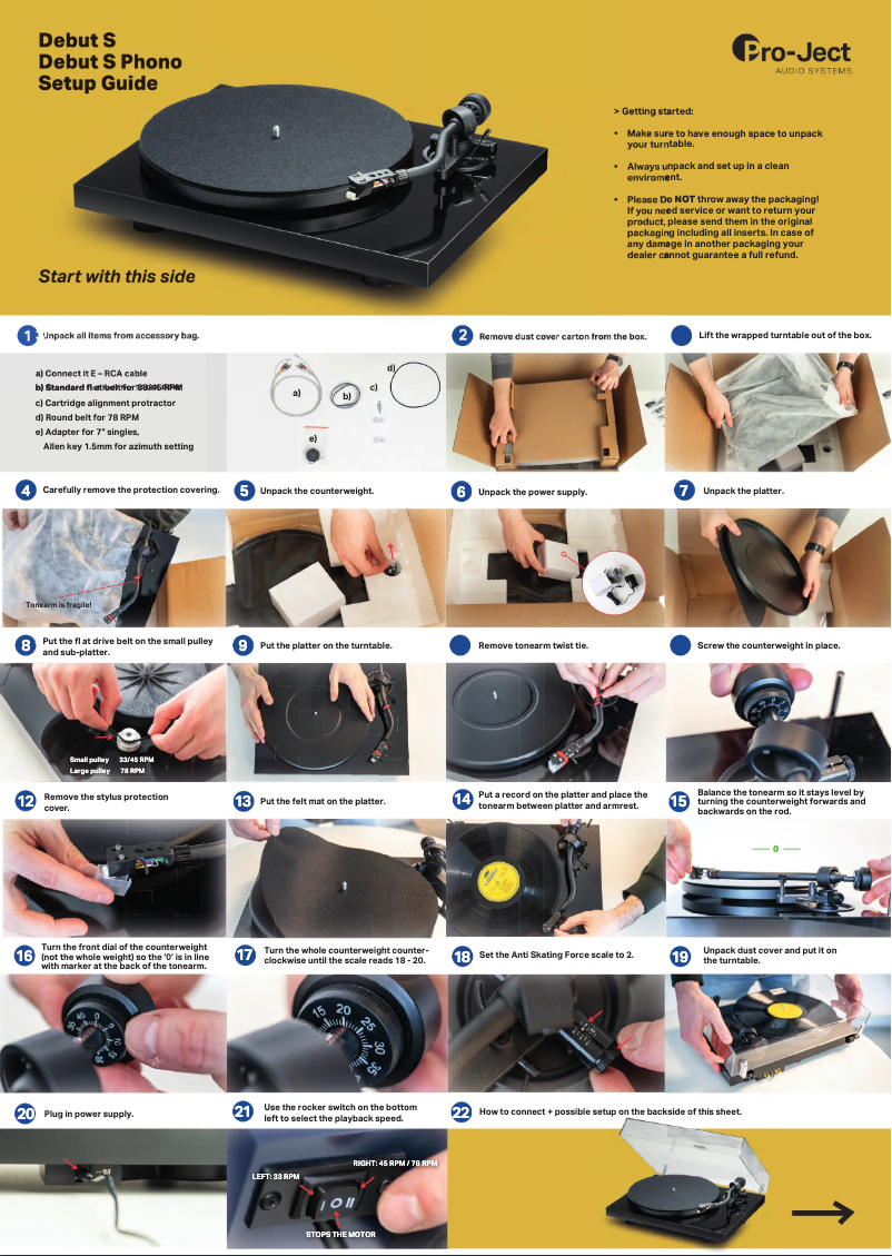 Page 1 de la notice Guide de démarrage rapide Pro-Ject Debut S Phono