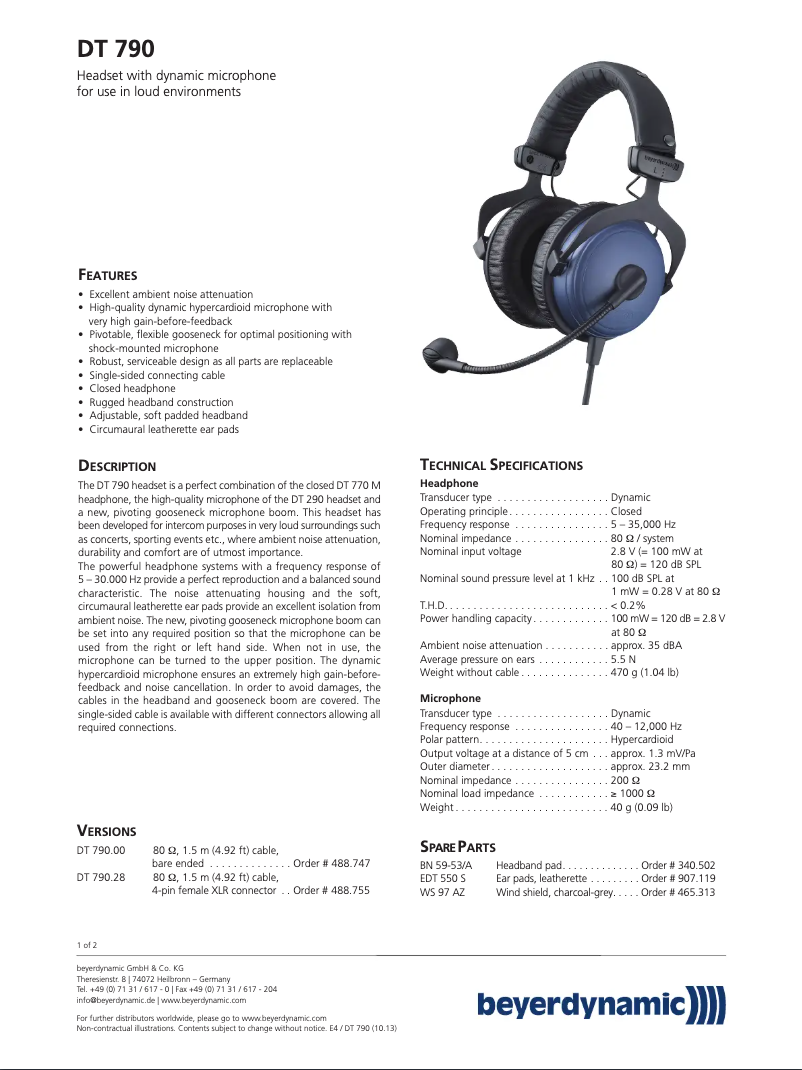 Page n°1 - Fiche technique Beyerdynamic DT 790
