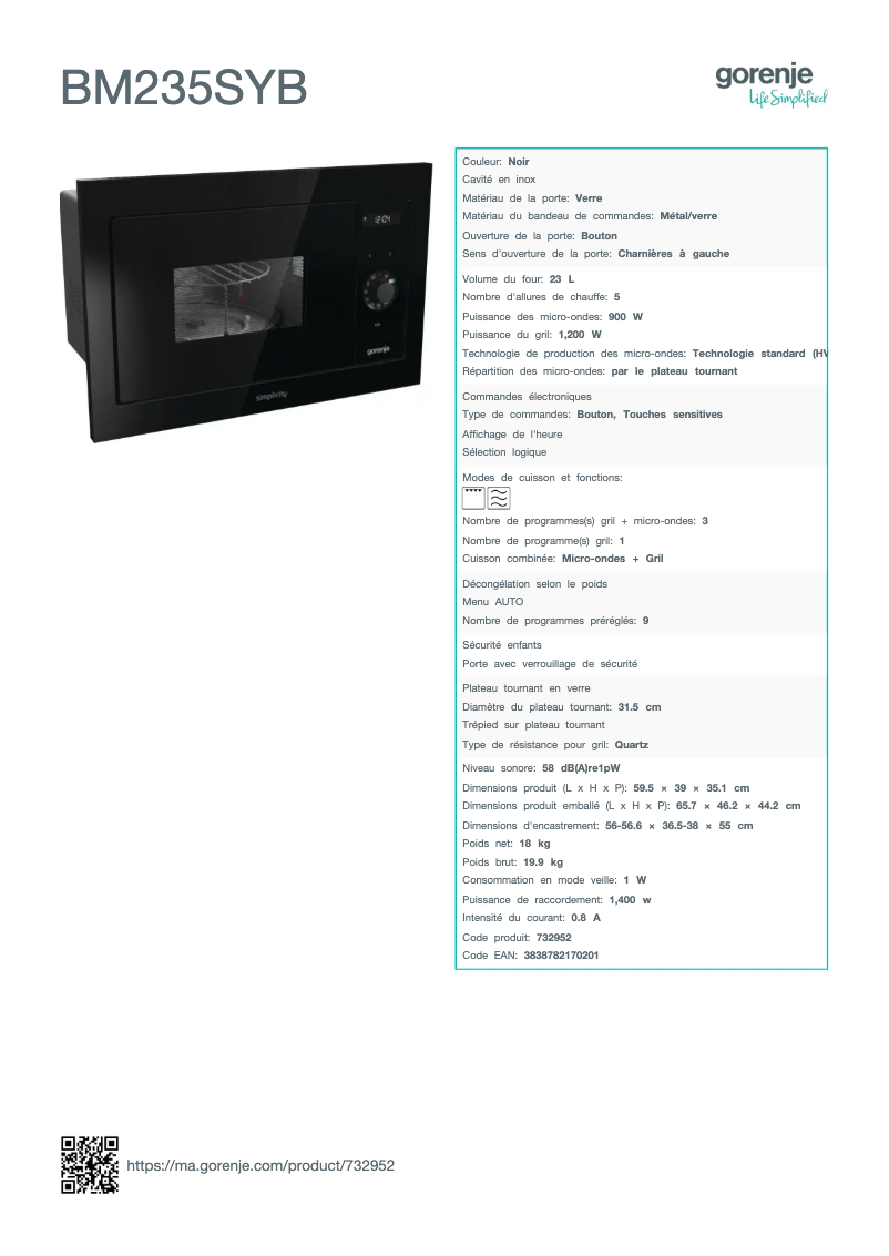 Page n°1 - Fiche technique Gorenje BM235SYB