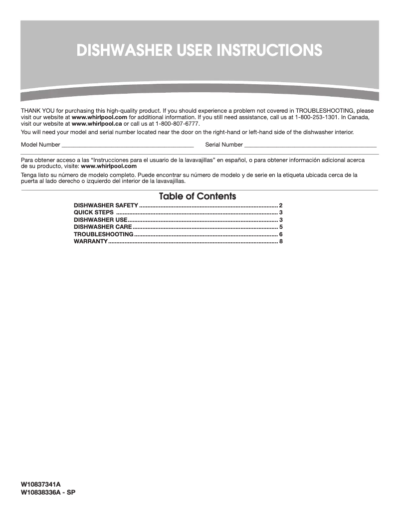 Page n°1 - Manuel utilisateur Whirlpool UDT518SAFP