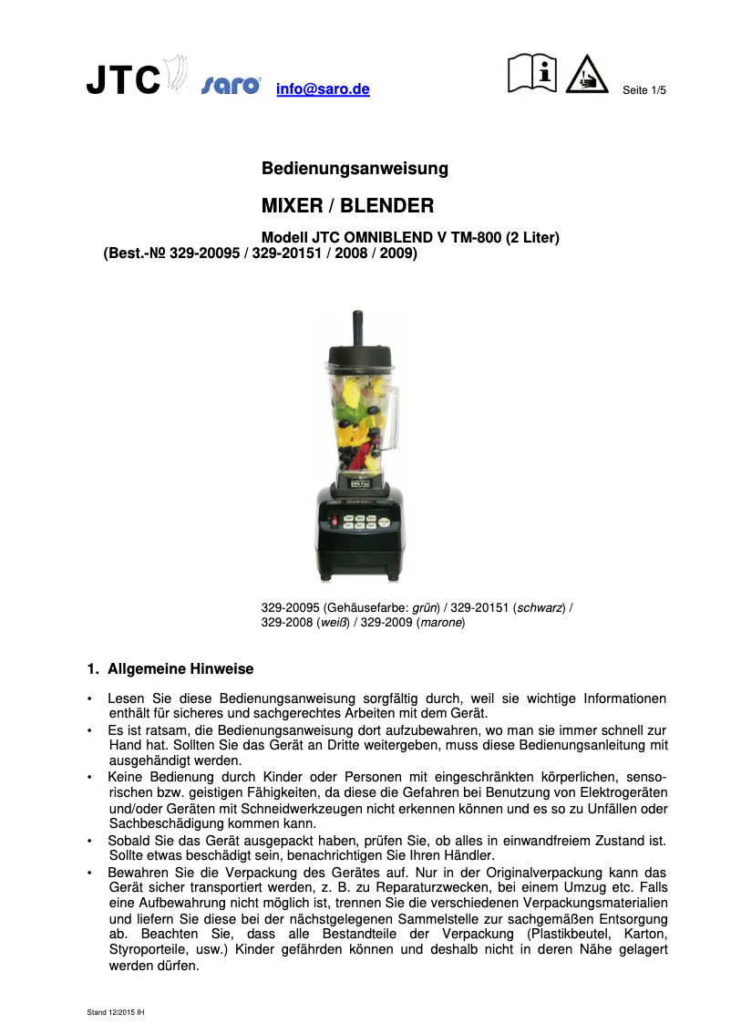 Page 1 de la notice Manuel utilisateur Saro JTC Omniblend V TM