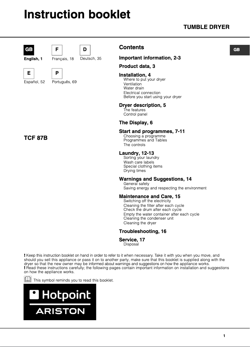 Page 1 de la notice Manuel utilisateur Hotpoint Ariston TCF 87B