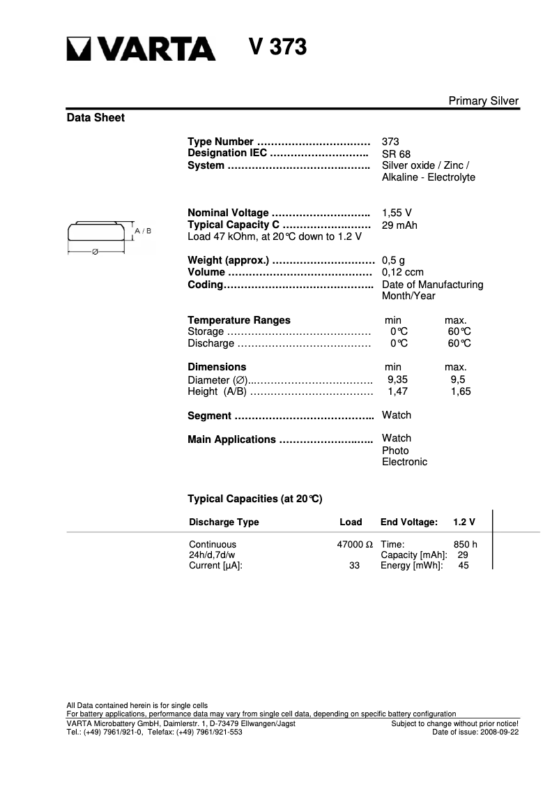 Imagen de la primera página del manual del dispositivo Primary Silver Button 373