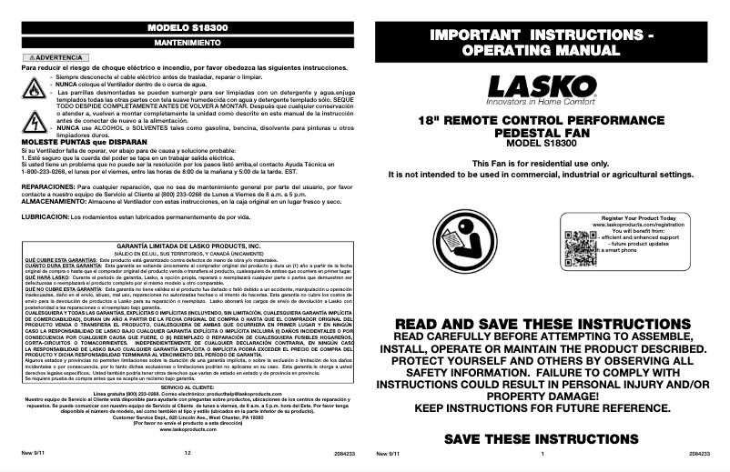 Page 1 de la notice Manuel utilisateur Lasko S18300