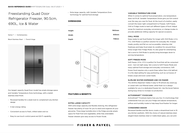 Page n°1 - Fiche technique Fisher & Paykel RF730QNUVB1