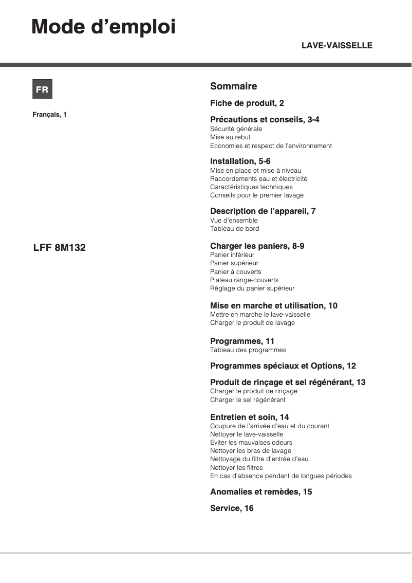 Page n°1 - Manuel utilisateur Hotpoint Ariston LFF 8M132 X FR