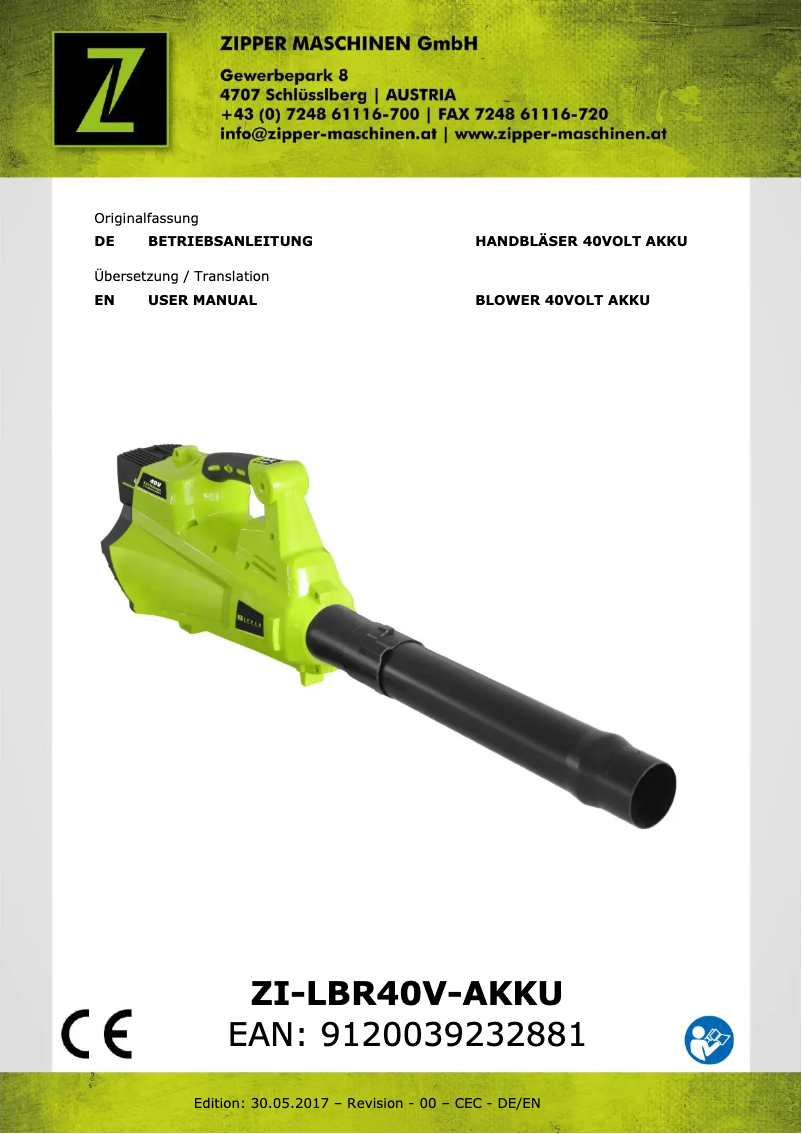 Image de la première page du manuel de l'appareil ZI-LBR40V-AKKU