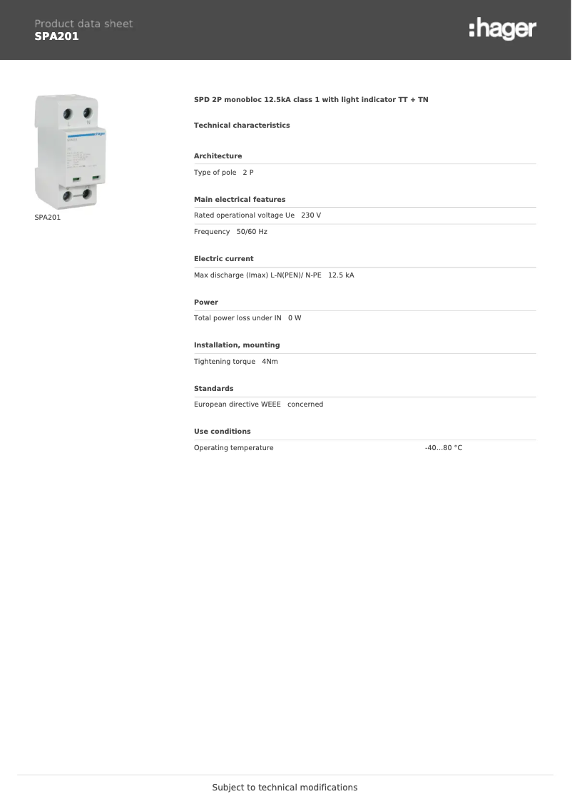 Page n°1 - Fiche technique Hager SPA201