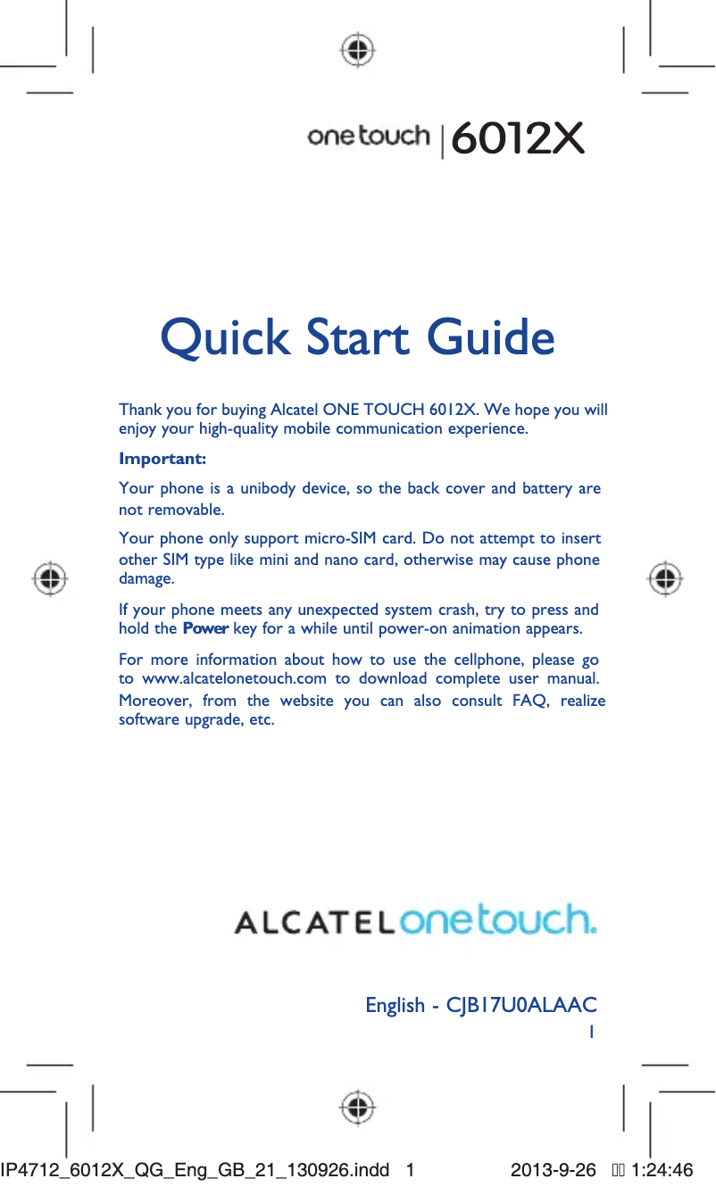 Image de la première page du manuel de l'appareil One Touch 6012X