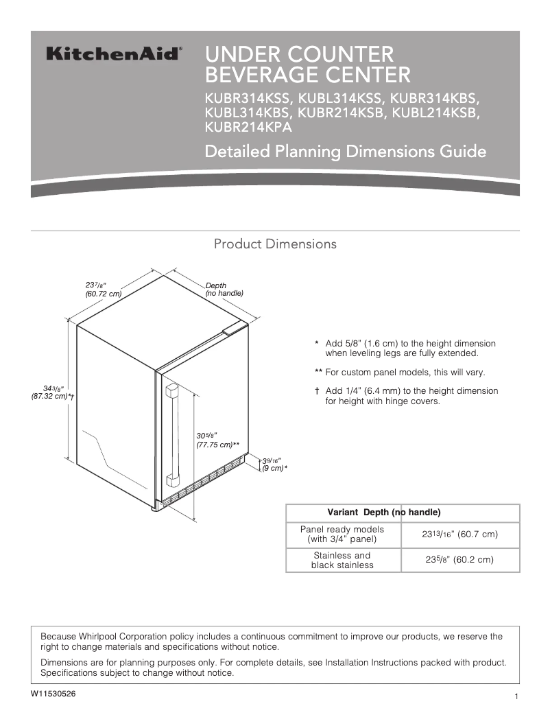 Page 1 de la notice Dessin technique KitchenAid KUBL314KSS