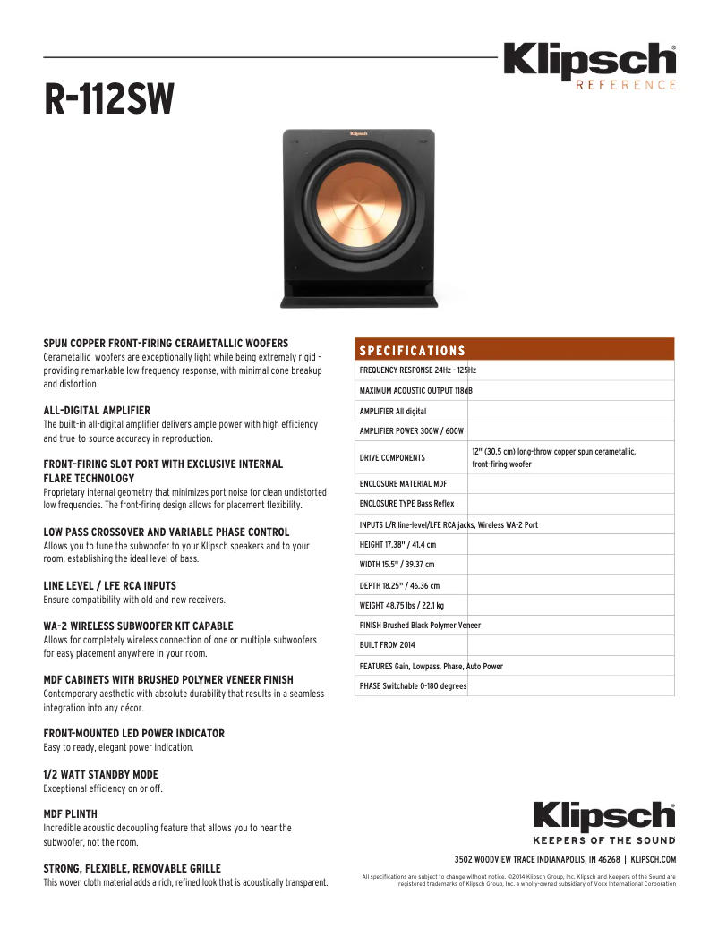 Page 1 de la notice Fiche technique Klipsch R-112SW
