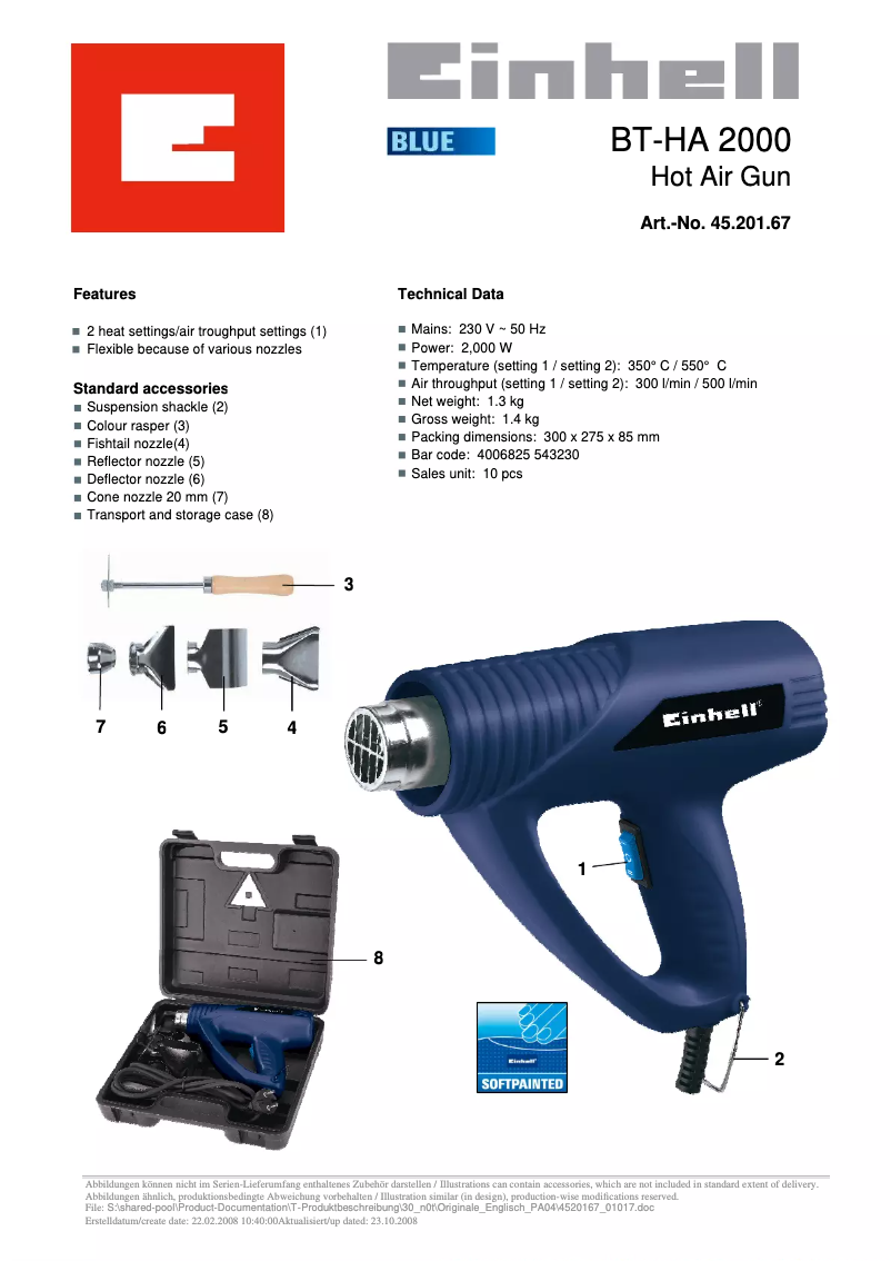 Page 1 de la notice Fiche technique Einhell BT-HA 2000/1