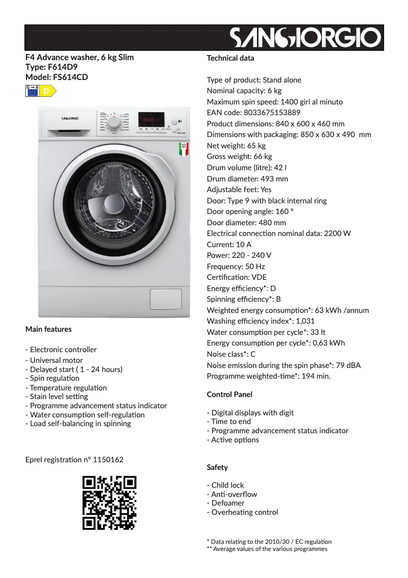 Page 1 de la notice Fiche technique SanGiorgio F614D9