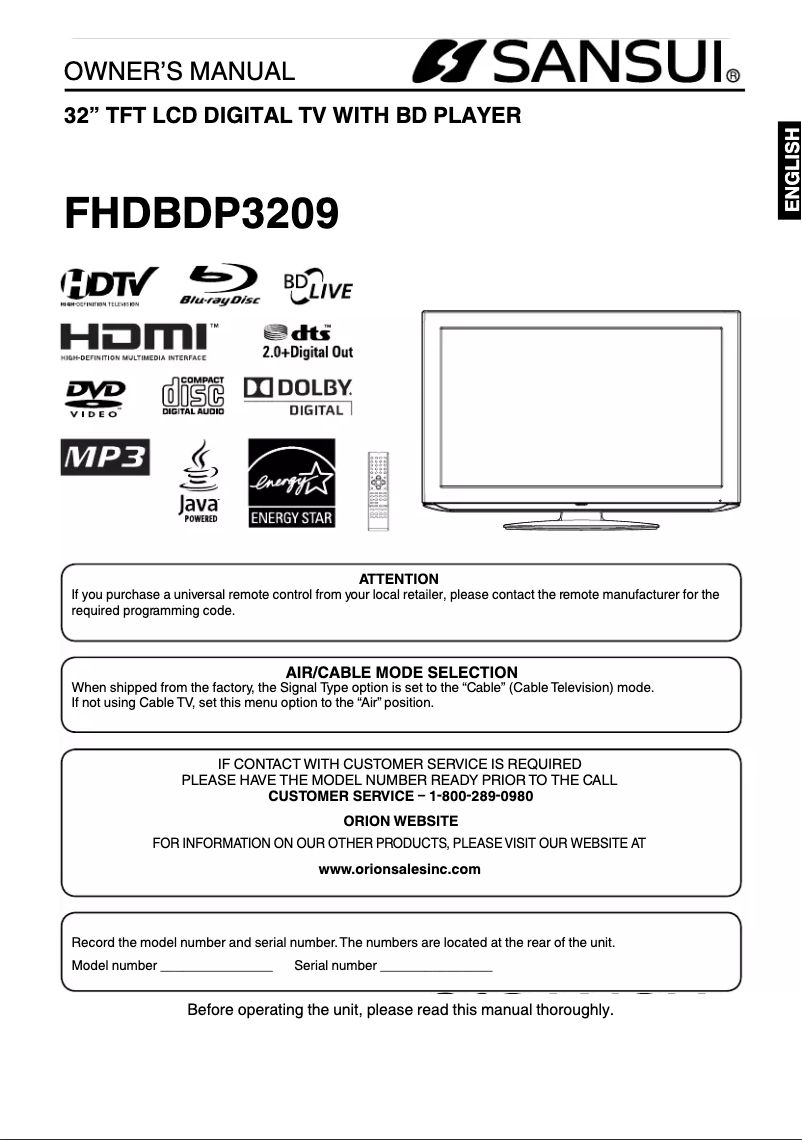 Page n°1 - Manuel utilisateur Sansui FHDBDP3209