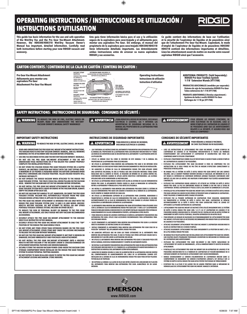 Page 1 de la notice Instructions / montage Ridgid HD03000