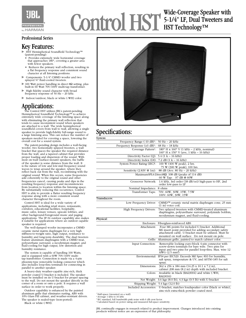 Page 1 de la notice Brochure JBL Control HST
