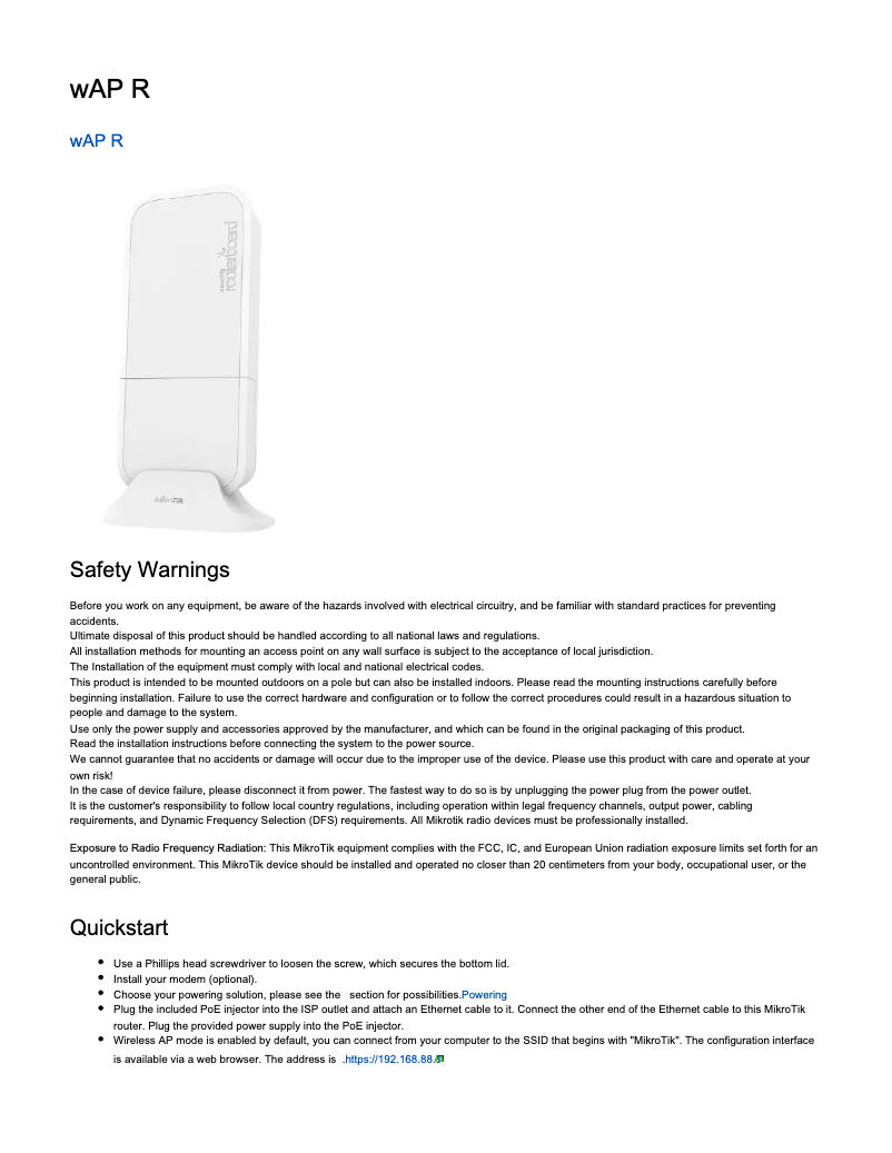 Page 1 de la notice Manuel utilisateur Mikrotik WAP R
