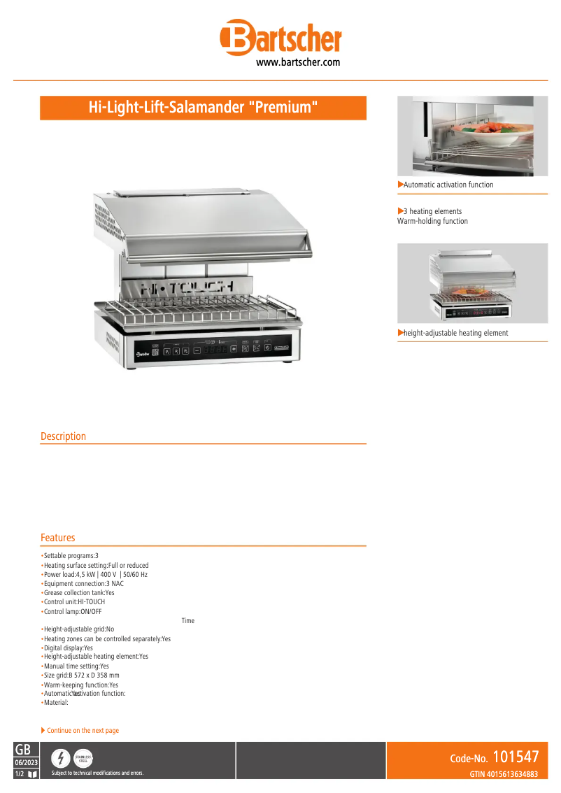 Page n°1 - Fiche technique Bartscher ST30D