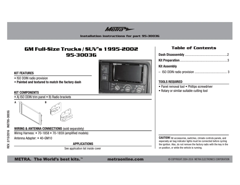 Page n°1 - Manuel utilisateur Metra 95-3003G