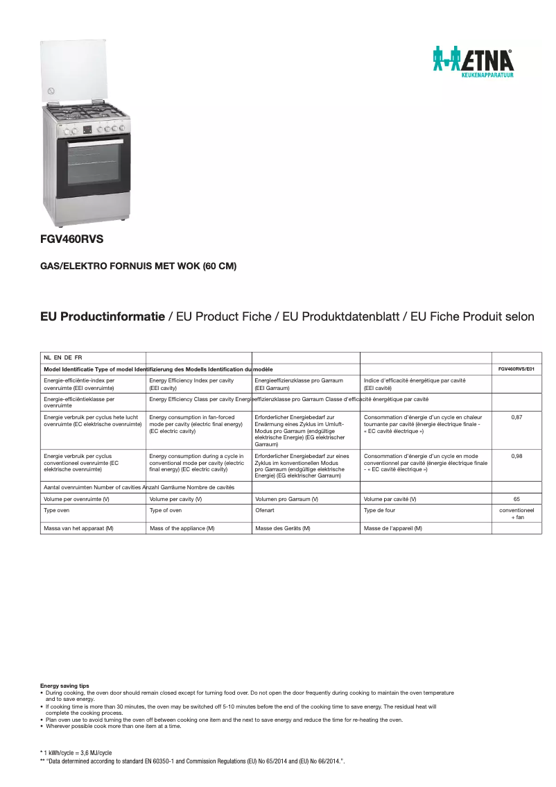 Page 1 de la notice Fiche technique Etna FGV460RVS