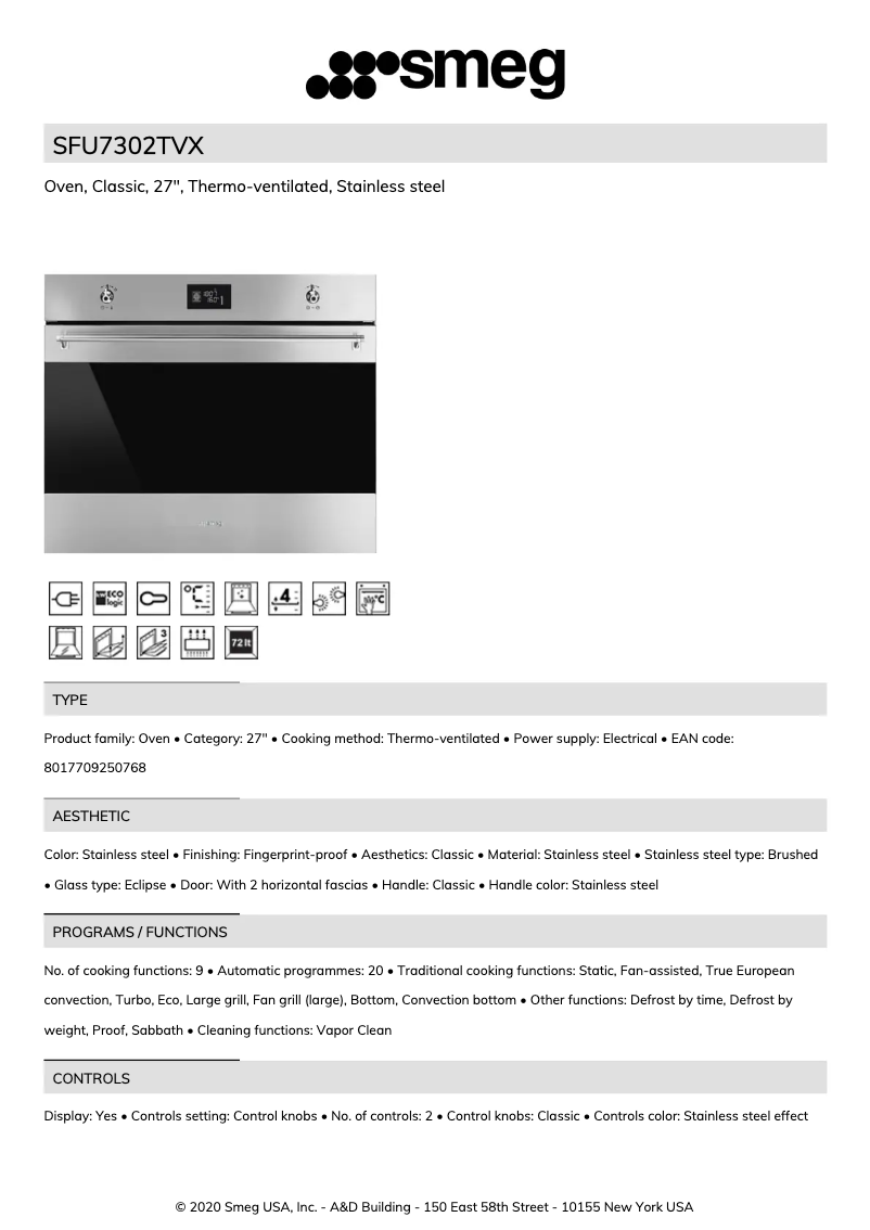 Page 1 de la notice Fiche technique Smeg SFU7302TVX