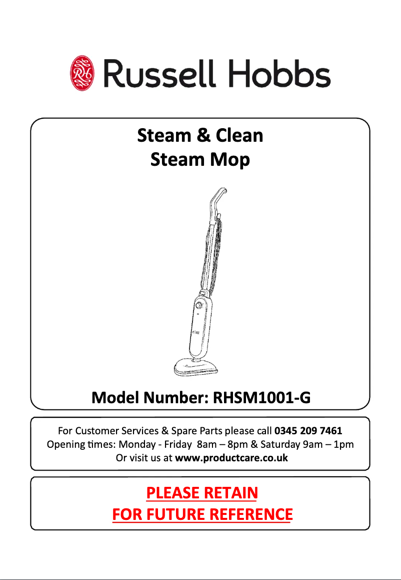 Page 1 de la notice Manuel utilisateur Russell Hobbs Steam & Clean RHSM1001-G