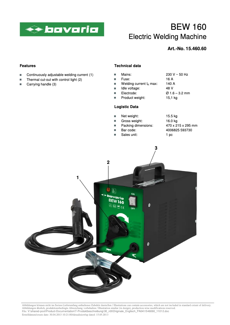 Page 1 de la notice Manuel utilisateur Bavaria BEW 160
