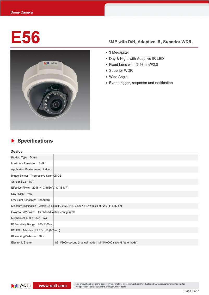 Page 1 de la notice Fiche technique ACTi E56