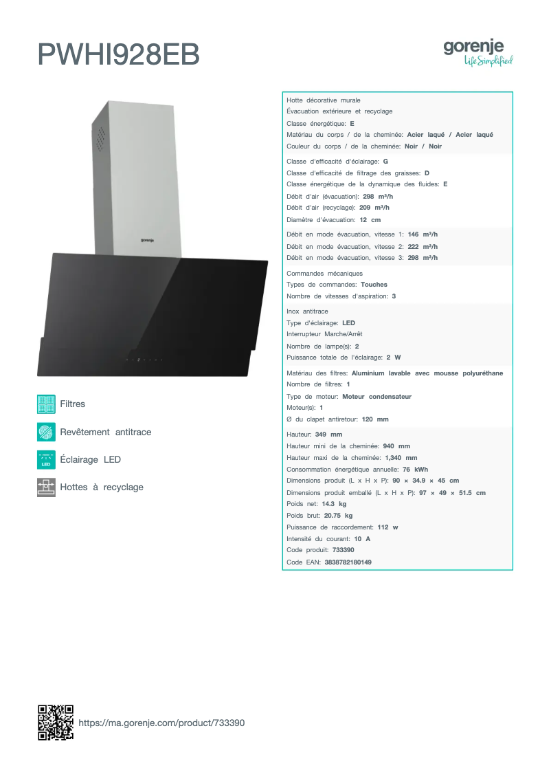 Page n°1 - Fiche technique Gorenje PWHI928EB