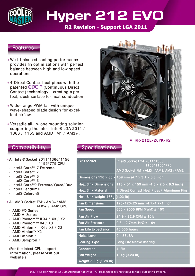 Page n°1 - Fiche technique Cooler Master Hyper 212 EVO