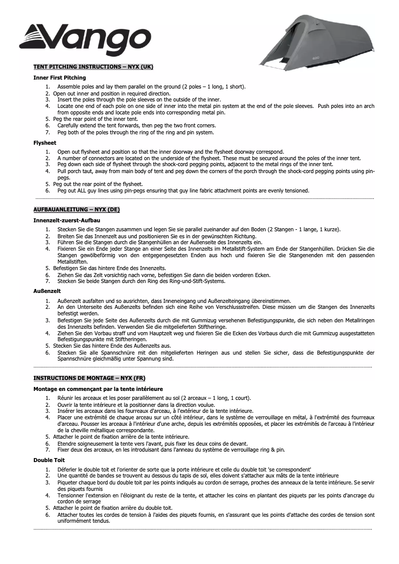 Page 1 de la notice Manuel utilisateur Vango Nyx 200