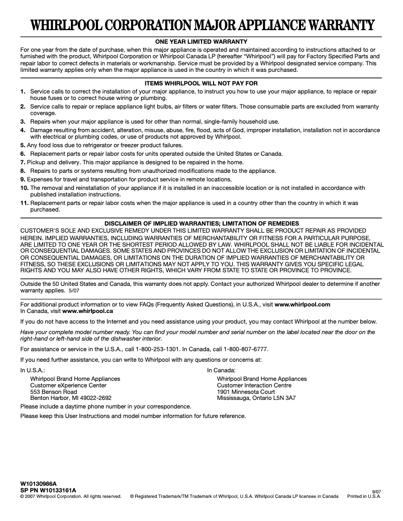 Page 1 de la notice Informations de garantie Whirlpool DU1055XTVS