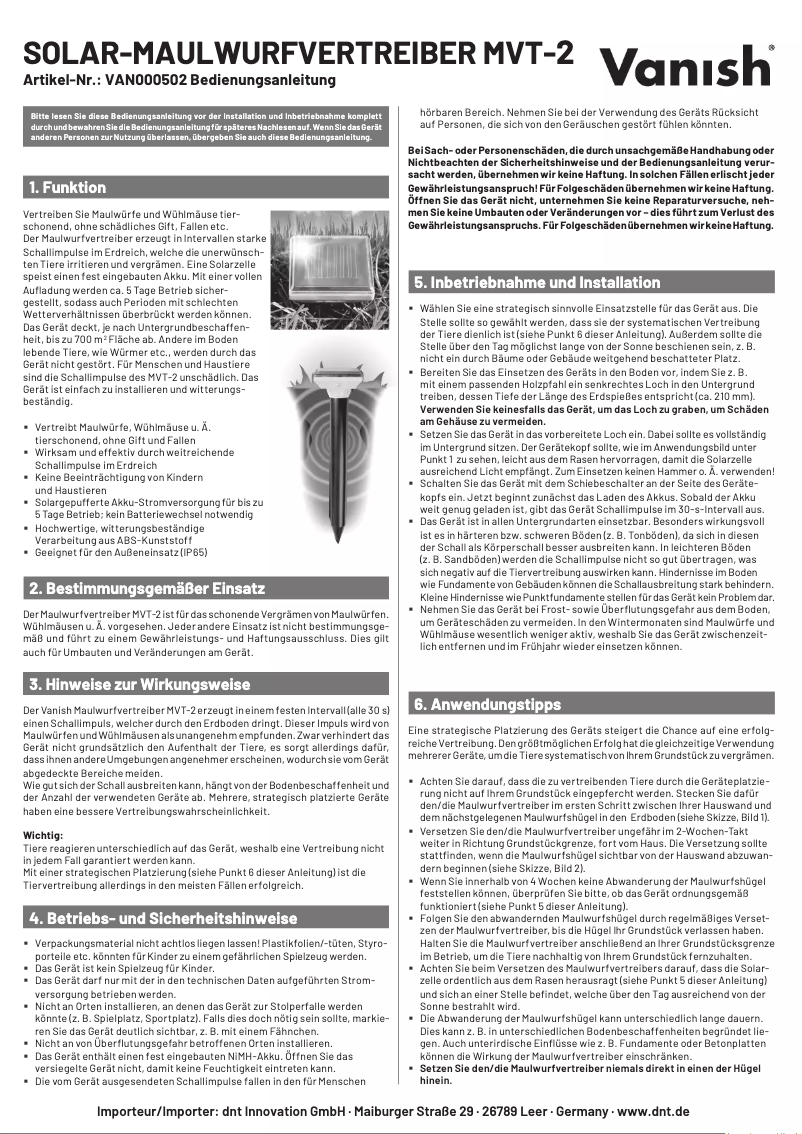 Page 1 de la notice Manuel utilisateur Vanish MVT-2