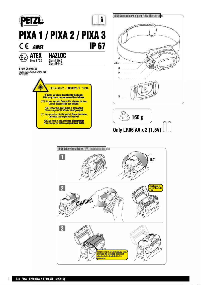 Page 1 de la notice Manuel utilisateur Petzl Pixa 1