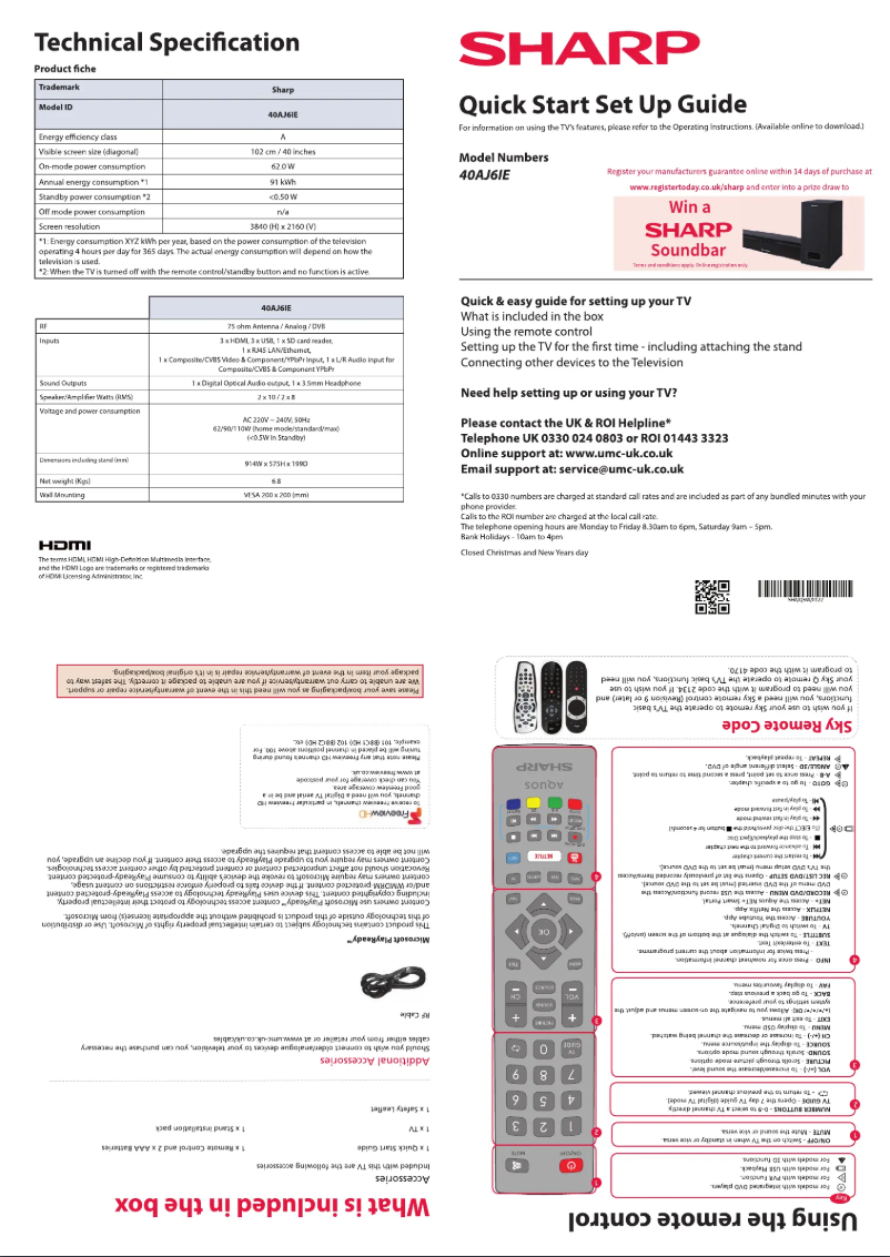 Page 1 de la notice Guide de démarrage rapide Sharp 40AJ6IE