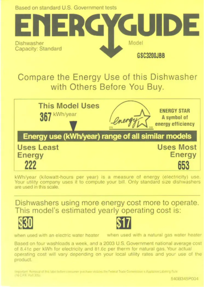 Page 1 de la notice Label énergétique GE GSC3200JWW
